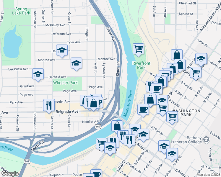 map of restaurants, bars, coffee shops, grocery stores, and more near 103 Cleveland Avenue in North Mankato