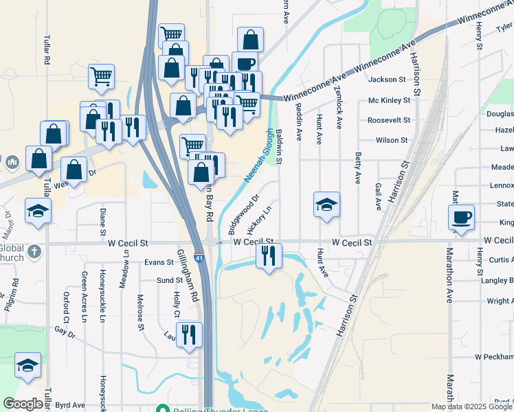 map of restaurants, bars, coffee shops, grocery stores, and more near 953 Hickory Lane in Neenah