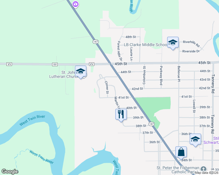 map of restaurants, bars, coffee shops, grocery stores, and more near 4112 Clover Street in Two Rivers