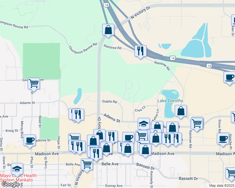 map of restaurants, bars, coffee shops, grocery stores, and more near 100 Dublin Court in Mankato