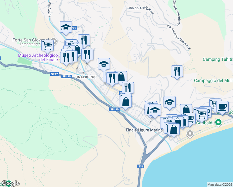 map of restaurants, bars, coffee shops, grocery stores, and more near 16-48 Via del Cigno in Finale Ligure