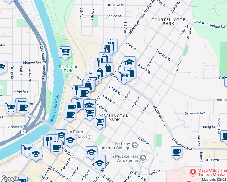 map of restaurants, bars, coffee shops, grocery stores, and more near 703 North Broad Street in Mankato