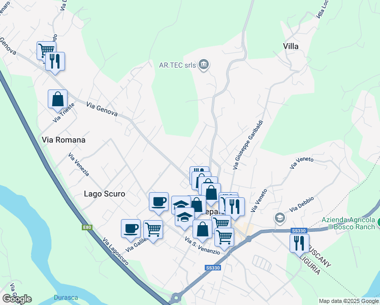 map of restaurants, bars, coffee shops, grocery stores, and more near 60 Via Genova in Ceparana
