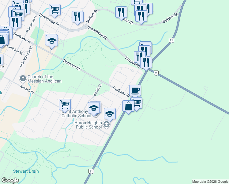 map of restaurants, bars, coffee shops, grocery stores, and more near 824 Andrew Malcolm Drive in Kincardine
