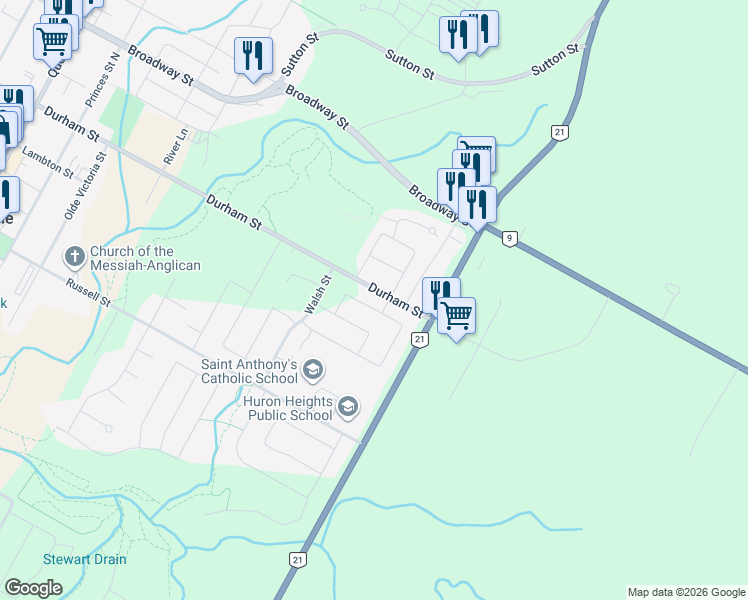 map of restaurants, bars, coffee shops, grocery stores, and more near 824 Andrew Malcolm Drive in Kincardine