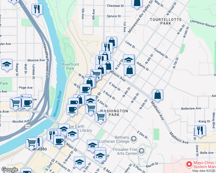 map of restaurants, bars, coffee shops, grocery stores, and more near 811 North 2nd Street in Mankato