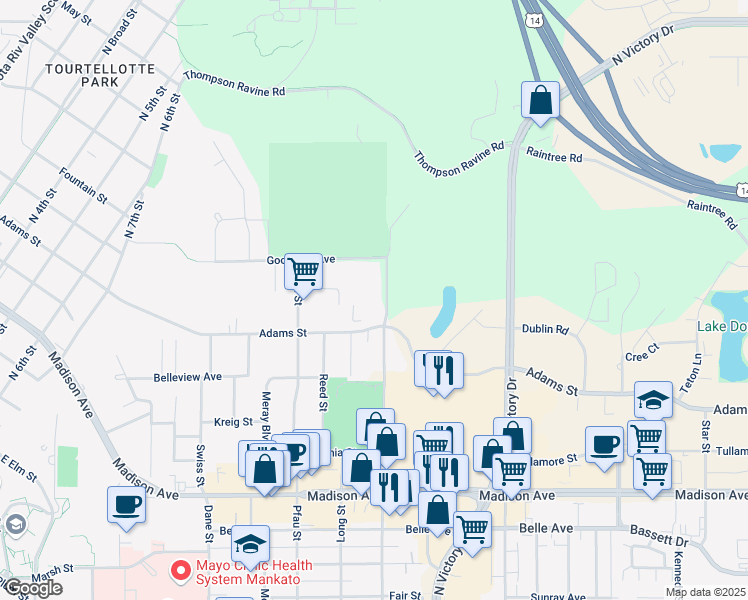 map of restaurants, bars, coffee shops, grocery stores, and more near 1360 Adams Street in Mankato