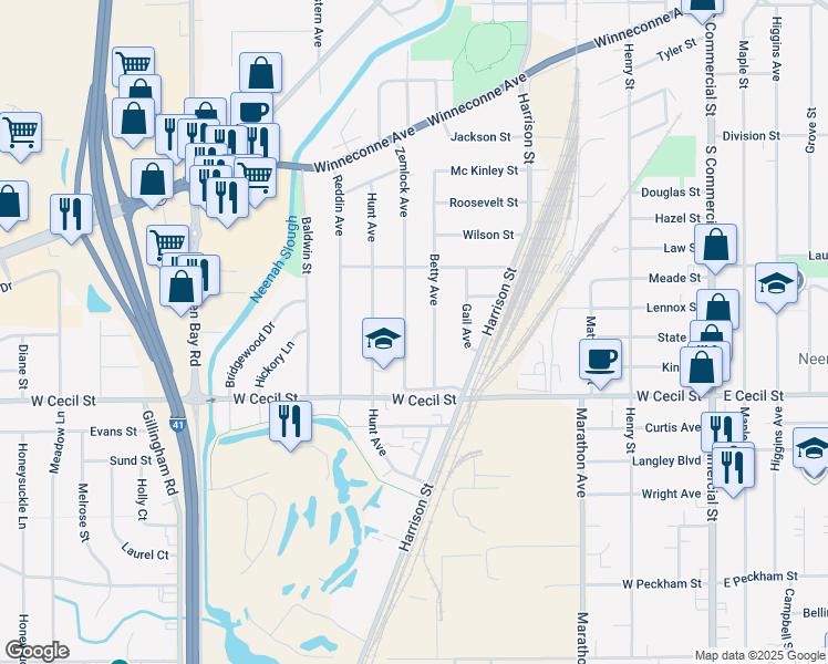 map of restaurants, bars, coffee shops, grocery stores, and more near 933 Betty Avenue in Neenah