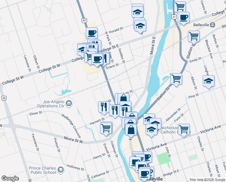 map of restaurants, bars, coffee shops, grocery stores, and more near 59 North Front Street in Belleville
