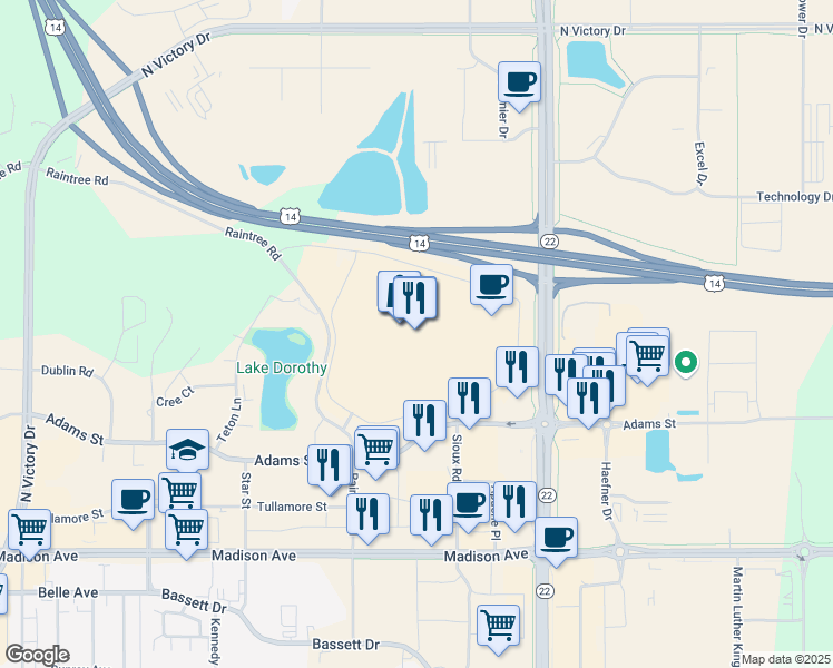 map of restaurants, bars, coffee shops, grocery stores, and more near 1850 Adams Street in Mankato