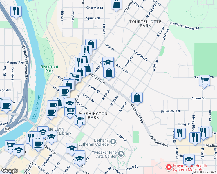 map of restaurants, bars, coffee shops, grocery stores, and more near 916 North 4th Street in Mankato