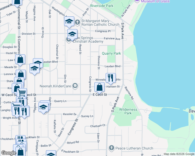 map of restaurants, bars, coffee shops, grocery stores, and more near 725 Stevens Street in Neenah