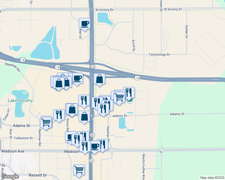 map of restaurants, bars, coffee shops, grocery stores, and more near 2024 Adams Street in Mankato