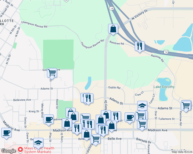 map of restaurants, bars, coffee shops, grocery stores, and more near 1010 Patriot Drive in Mankato