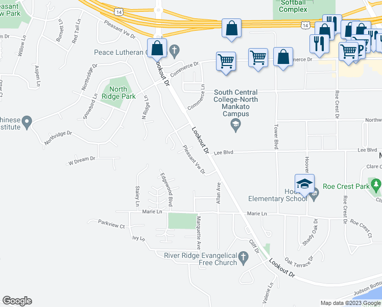 map of restaurants, bars, coffee shops, grocery stores, and more near 1535 Pleasant View Drive in North Mankato