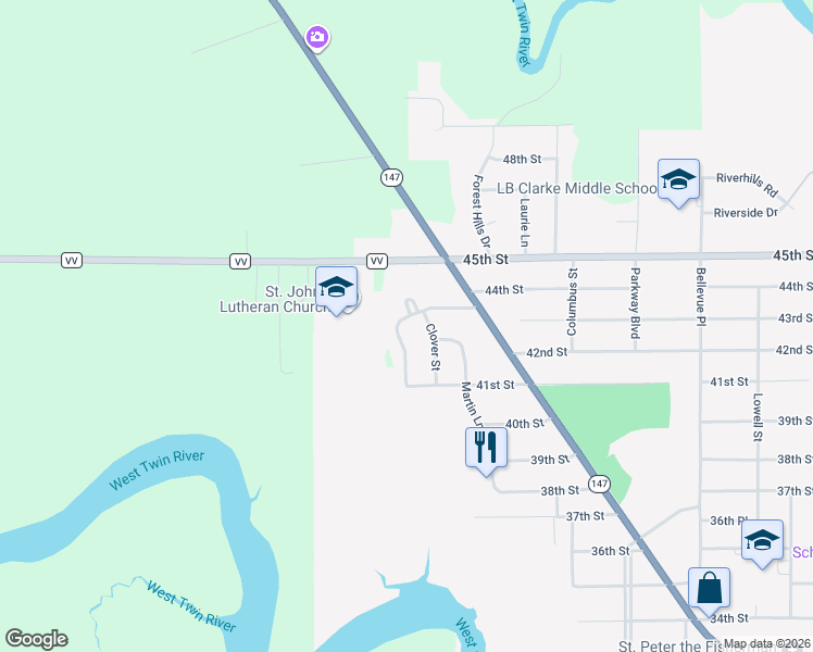 map of restaurants, bars, coffee shops, grocery stores, and more near 4222 Cedar Heights Drive in Two Rivers