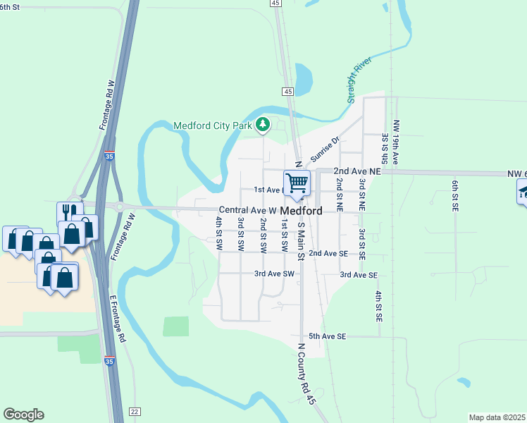 map of restaurants, bars, coffee shops, grocery stores, and more near 104 2nd Street Northwest in Medford