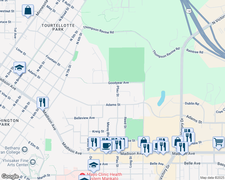 map of restaurants, bars, coffee shops, grocery stores, and more near 110 Carlton Court in Mankato