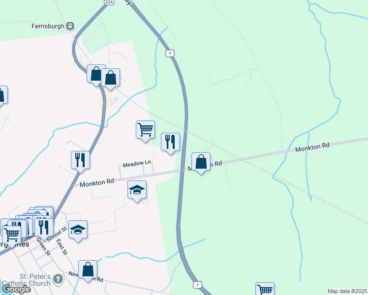map of restaurants, bars, coffee shops, grocery stores, and more near U.S. 7 in Vergennes