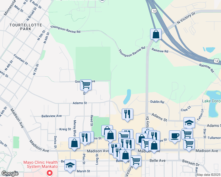 map of restaurants, bars, coffee shops, grocery stores, and more near 1021 Hope Street in Mankato