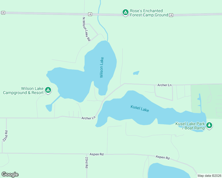 map of restaurants, bars, coffee shops, grocery stores, and more near W5712 Archer Lane in Wild Rose