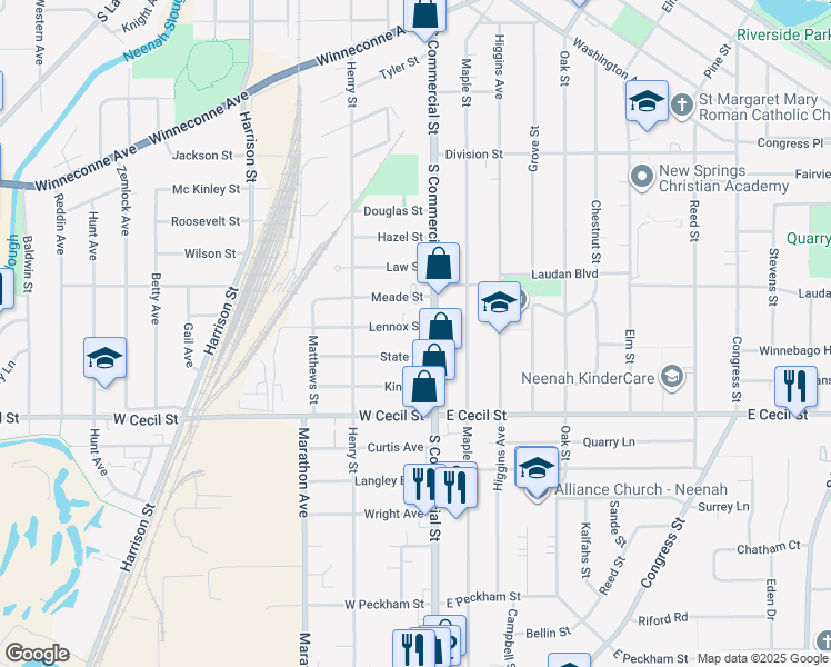 map of restaurants, bars, coffee shops, grocery stores, and more near 124 Lennox Street in Neenah