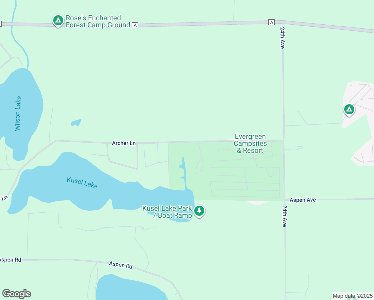 map of restaurants, bars, coffee shops, grocery stores, and more near W5459 Archer Lane in Wild Rose