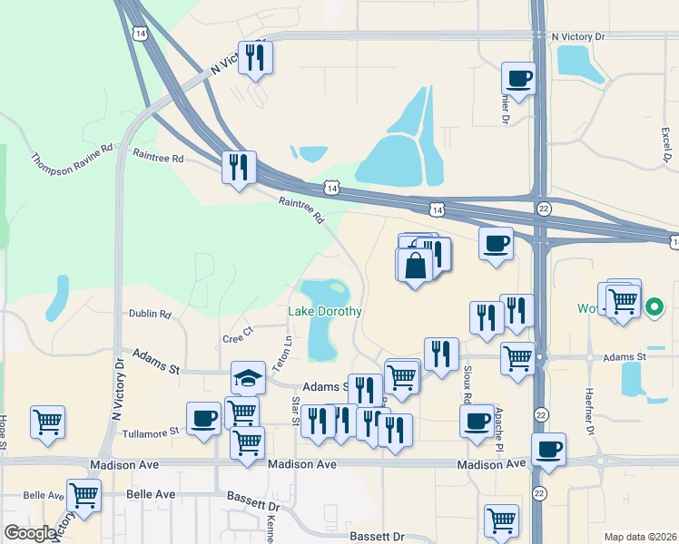 map of restaurants, bars, coffee shops, grocery stores, and more near 111 Teton Court in Mankato