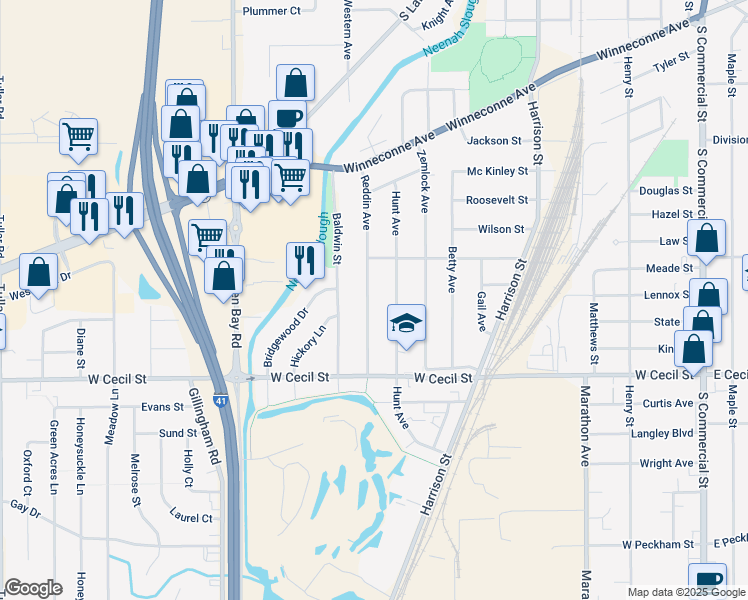 map of restaurants, bars, coffee shops, grocery stores, and more near 934 Reddin Avenue in Neenah