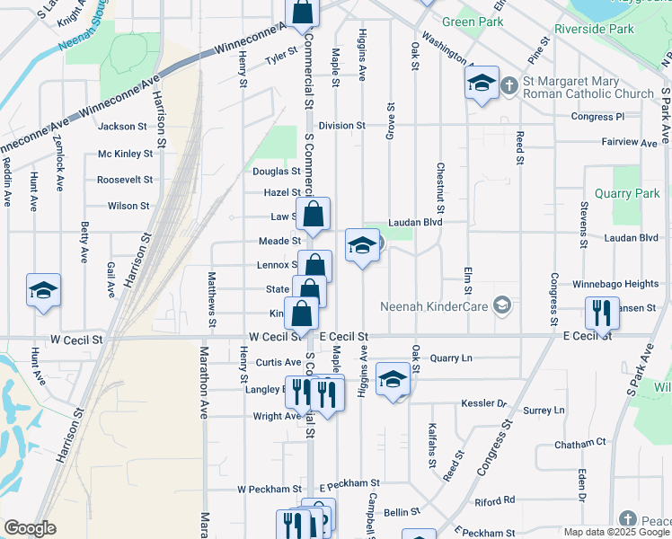 map of restaurants, bars, coffee shops, grocery stores, and more near 833 Maple Street in Neenah