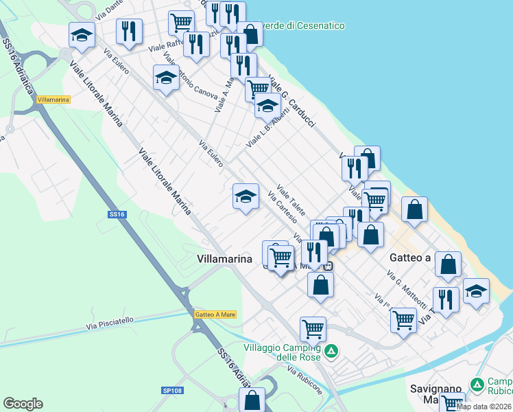 map of restaurants, bars, coffee shops, grocery stores, and more near 27 Via Leone in Cesenatico