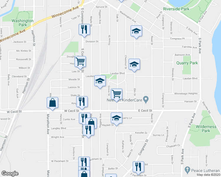 map of restaurants, bars, coffee shops, grocery stores, and more near 934 Grove Street in Neenah