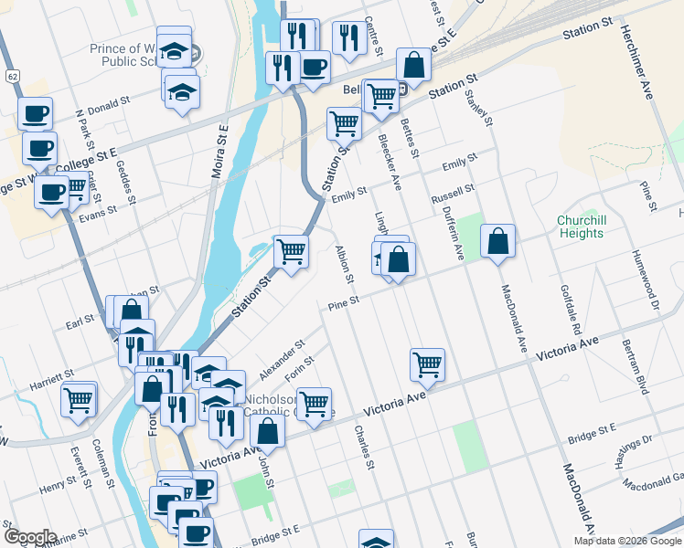 map of restaurants, bars, coffee shops, grocery stores, and more near 18 Albion Street in Belleville