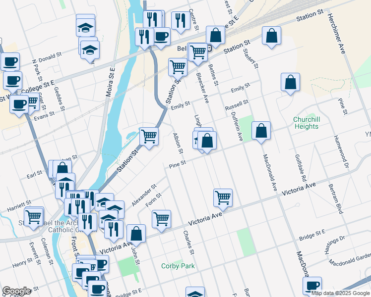 map of restaurants, bars, coffee shops, grocery stores, and more near 11 Albion Street in Belleville