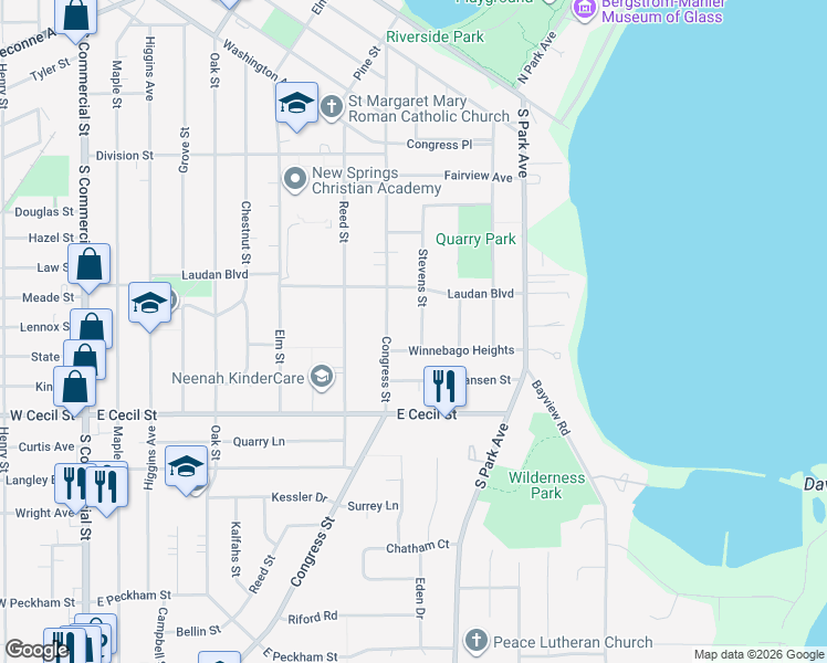 map of restaurants, bars, coffee shops, grocery stores, and more near 725 Stevens Street in Neenah