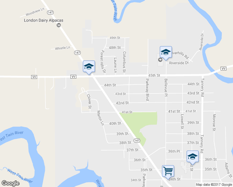 map of restaurants, bars, coffee shops, grocery stores, and more near 2940 43rd Street in Two Rivers