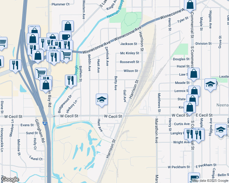 map of restaurants, bars, coffee shops, grocery stores, and more near 933 Betty Avenue in Neenah
