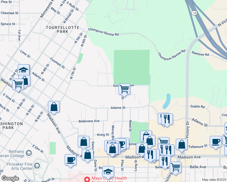 map of restaurants, bars, coffee shops, grocery stores, and more near 110 Carlton Court in Mankato