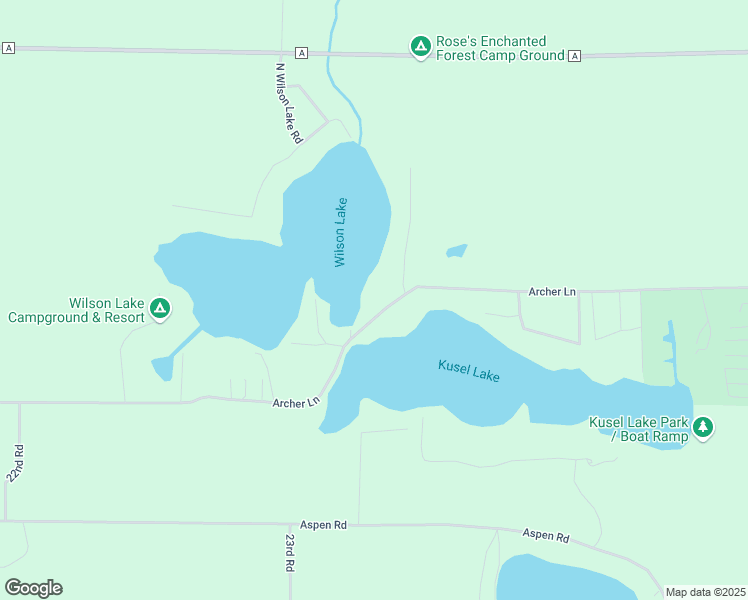 map of restaurants, bars, coffee shops, grocery stores, and more near W5712 Archer Lane in Wild Rose