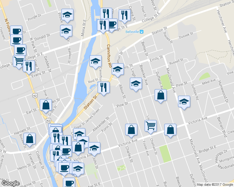 map of restaurants, bars, coffee shops, grocery stores, and more near 18 B Albion Street in Belleville