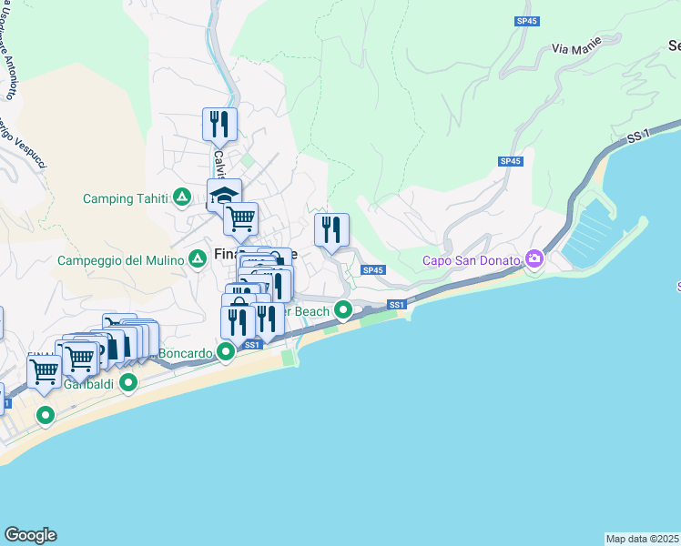 map of restaurants, bars, coffee shops, grocery stores, and more near 7 Strada Panoramica Manie in Finale Ligure