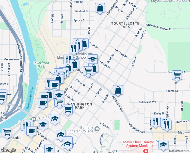 map of restaurants, bars, coffee shops, grocery stores, and more near 916 N 4th St in Mankato