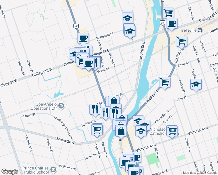map of restaurants, bars, coffee shops, grocery stores, and more near 24 Grier Street in Belleville