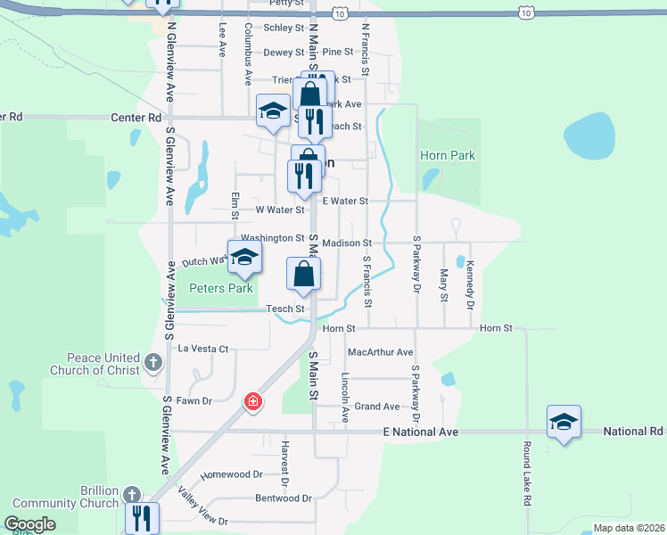 map of restaurants, bars, coffee shops, grocery stores, and more near 323 Cleveland Street in Brillion