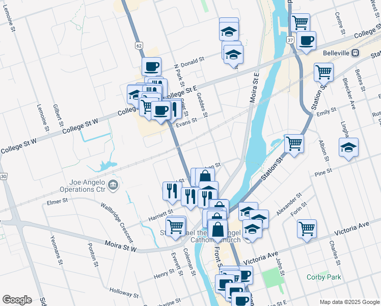 map of restaurants, bars, coffee shops, grocery stores, and more near 9 Ridley Street East in Belleville