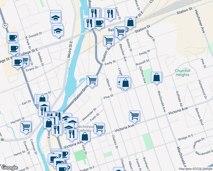 map of restaurants, bars, coffee shops, grocery stores, and more near 18 B Albion Street in Belleville