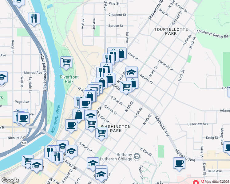 map of restaurants, bars, coffee shops, grocery stores, and more near 811 North 2nd Street in Mankato