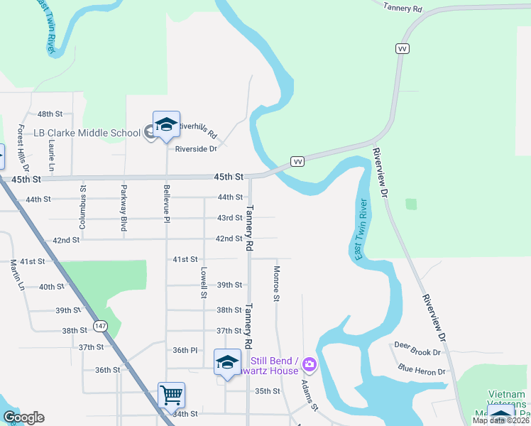 map of restaurants, bars, coffee shops, grocery stores, and more near 2116 43rd Street in Two Rivers