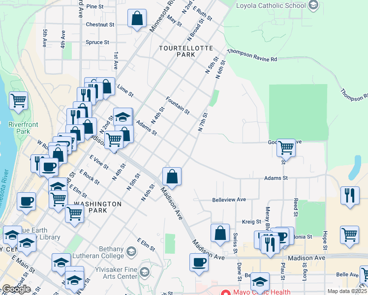map of restaurants, bars, coffee shops, grocery stores, and more near 1029 North 6th Street in Mankato