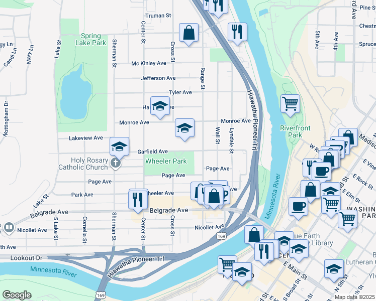 map of restaurants, bars, coffee shops, grocery stores, and more near 320 Garfield Avenue in North Mankato